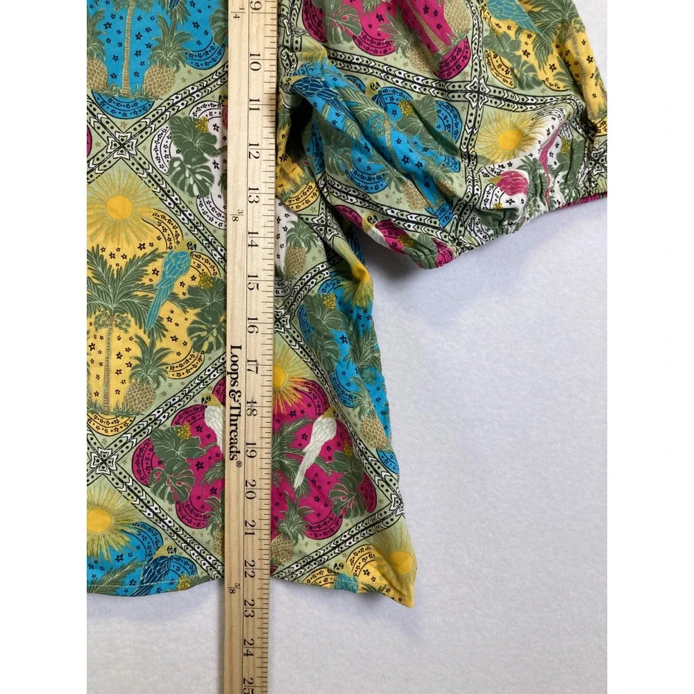 Tropical Boho LOFT Women Large Multicolor Square Neck Puff Sleeve Tile Print Top